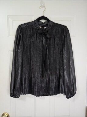 Nanette Lepore Metallic Black Pleated Long Sleeve Blouse With Tie Neck Size M